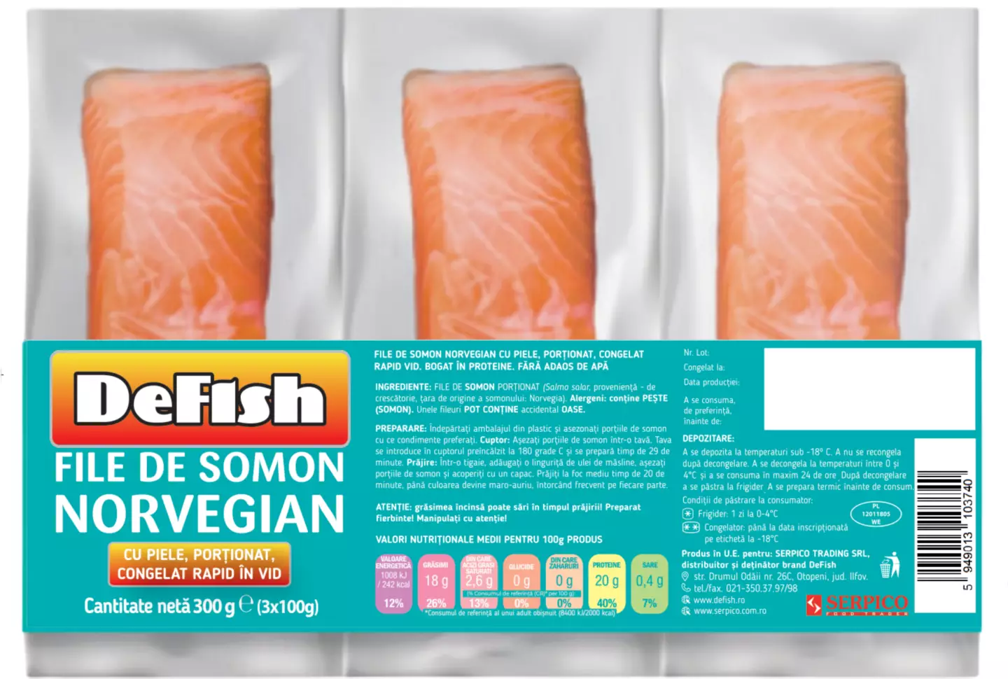 DEFISH Somon norvegian cu piele 3x100g