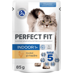 Hrana umeda pentru pisici Indoor 1+, cu pui si mazare in sos 85g
