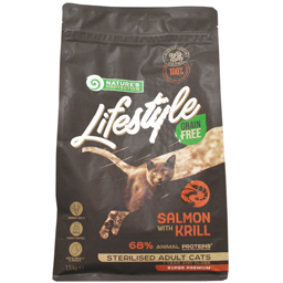 Hrana uscata pentru pisici sterilizate, cu somon si krill 1.5kg
